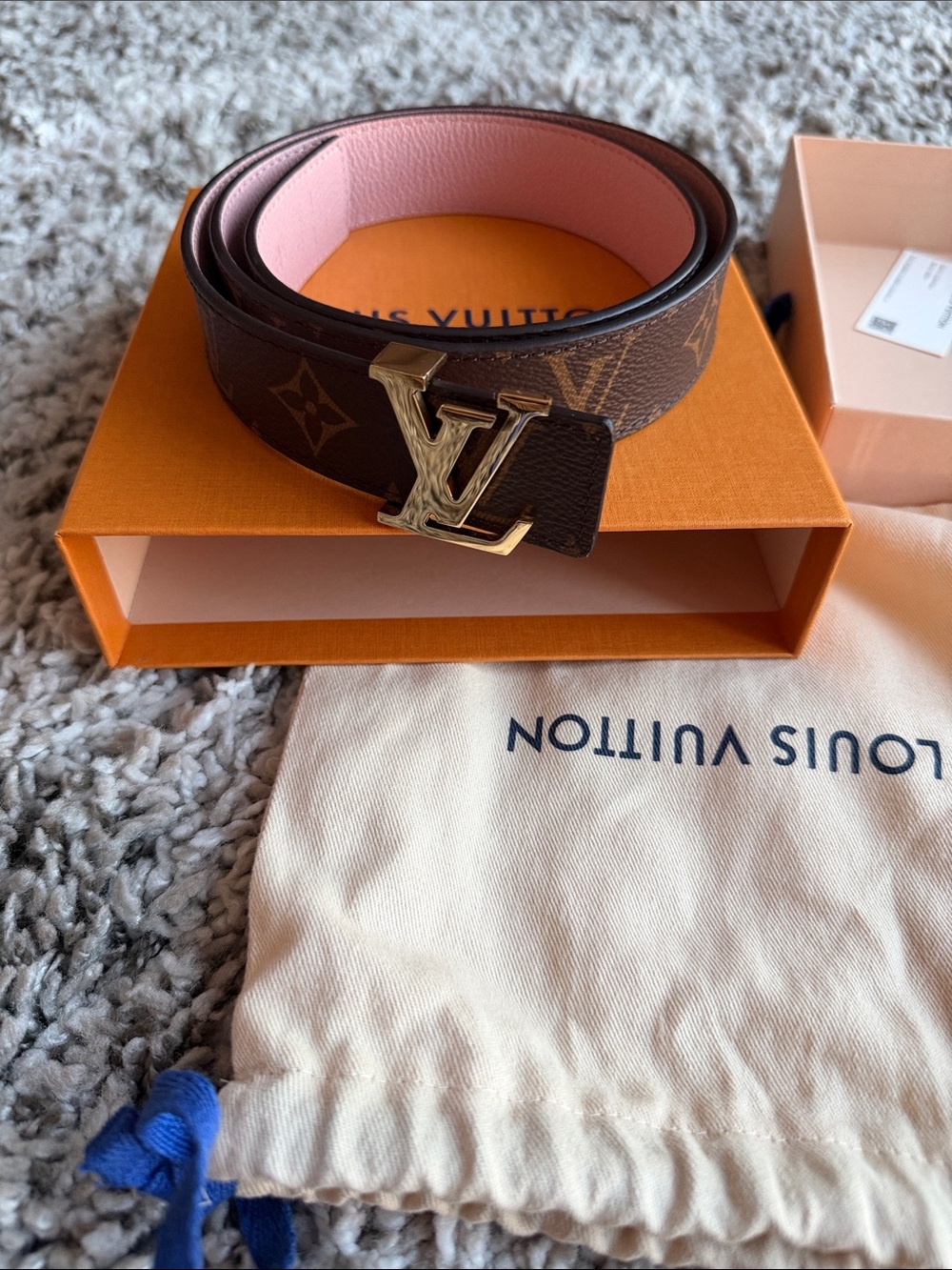 Louis Vuitton Brown Monogram Belt reversible rose pink Gold LV Buckle 80cm
